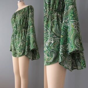 Green Paisley Off-Shoulder Romper | Fashion Nova NWT romper | Medieval Sleeves